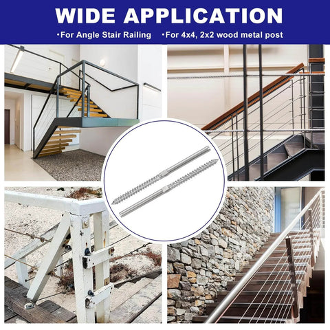 Left And Right Handed One Eighth Inch Cable Swage Lag Screws T316 Stainless Deck Railing Hardware in use on stairs and decks