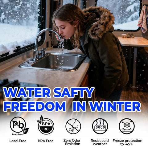 RV heated water hose: woman at RV sink in winter with water-safety icons and -45°F freeze protection badge.