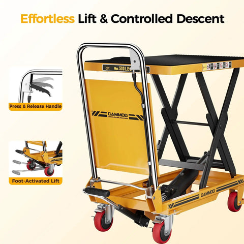 Foldable Hydraulic Lift Table Cart 500lb Capacity With Non Slip Pad 28.5 Inches, front view showcasing handle and wheels