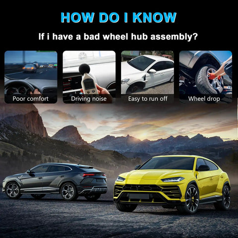 Signs of bad wheel hub assembly: poor comfort, driving noise, easy to run off, wheel drop; two sports cars in mountain landscape.