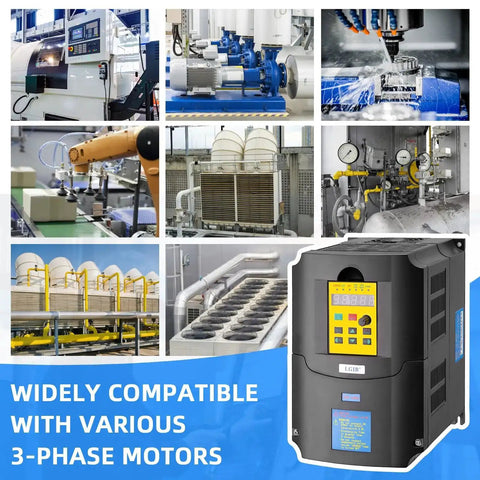 Collage showing VFD Variable Frequency Drive 4KW 5HP 220V Inverter and various CNC machine applications, text highlights compatibility with 3-phase motors.