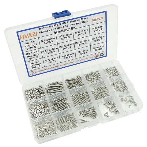 All In One Stainless Steel Phillips Pan Head Machine Screws And Hex Nuts Assortment Kit in Metric M2 M2.5 M3 sizes in box