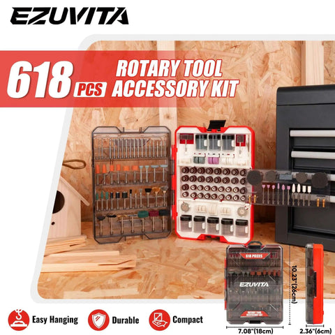 All In One 618 Piece Rotary Tool Accessory Kit For Dremel And Universal Fitment With Portable Case displayed on workbench