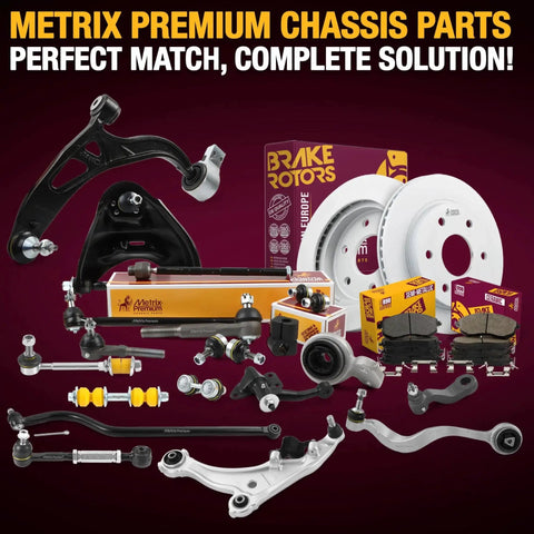 Assorted Metrix premium chassis parts including brake rotors and control arms displayed with packaging.