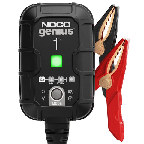 Smart Battery Charger And Maintainer For 6V And 12V Systems With Automatic Desulfator Trickle Charge Overcharge Protection And Temperature Compensation For Lead Acid And Lithium Batteries By NOCO, front view with clamps.