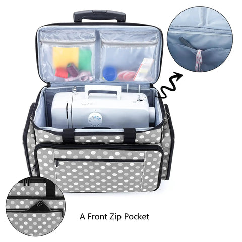 Detachable Dolly Sewing Machine Case With Rolling Tote And Removable Bottom Pad for Standard Sewing Machines, Gray Dots Design, open view