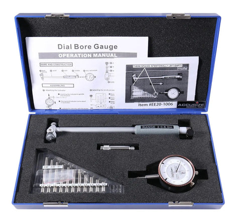 Dial Bore Gauge Set With 2 To 6 Inch Range And 6 Inch Stem 0.0001 Inch Graduation Accurate To Plus Or Minus 0.0004 Inch Includes Extension Holder And Case in open case with manual.