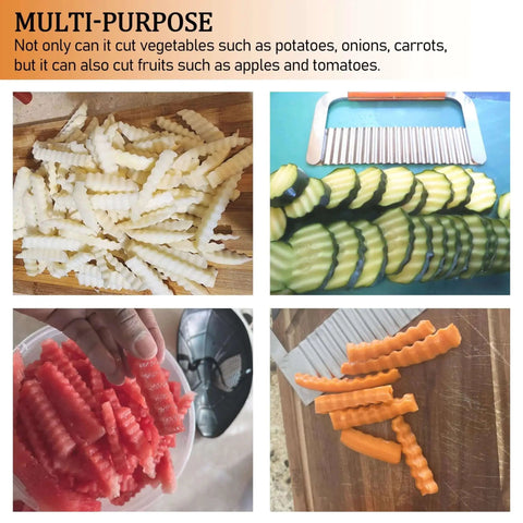 Crinkle Cutter Wave Slicer Set Of 2 For Potatoes And Veggies By HOLEPU shown with various sliced vegetables and fruits.