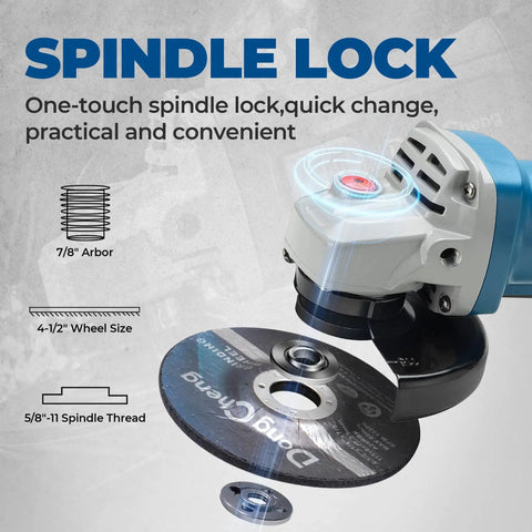 Close-up of the DongCheng angle grinder highlighting spindle lock feature with cutting wheel attachment.