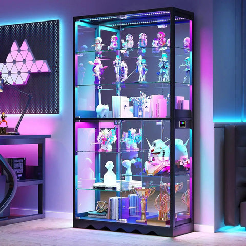 8-Tier RGB Glass Display Cabinet With Motion Sensor And Remote, Lockable Glass Doors, 73 Inch Tall Curio Showcase in room