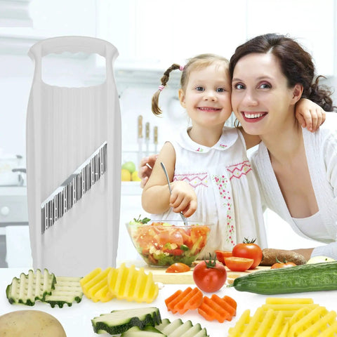 Premium XXL Wave Waffle Crinkle Cutter For Vegetables And Potatoes PowerLine White By Börner with vegetables and family in kitchen