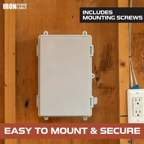 Mounted extra large outdoor waterproof junction box with hinged panel cover IP65 rated electrical enclosure 16 x 12 x 7.2 inches.