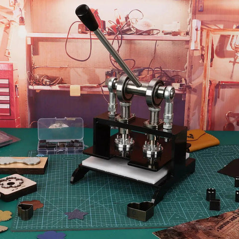 Beast Of A Leather Cutting Press 1.5 Ton With 20x20cm Work Bed Dual Guide Shafts And 39 Piece Hole Punch Tool Set in a workshop