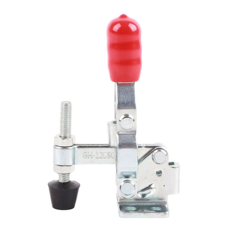 Front view of Pro Grade Toggle Clamp For Drill Press with red handle, metal clamp arm, small quick release vertical clamp for woodworking.