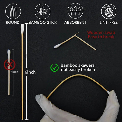 Comparison of bamboo and wooden swabs from Gun Cleaning Kit With 300 Patches And 200 Cotton Swabs In Storage Box, highlighting durability.