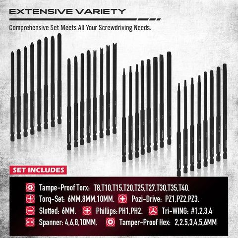 Extra Long Security Bit Set 32-Piece S2 Steel Screwdriver Drill Bits For Tamper-Proof Screws Torx PoziDriv Spanner Tri-Wing