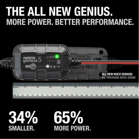 5A 6V 12V Smart Battery Charger And Maintainer With Desulfator And Trickle Mode Auto Overcharge Protection And Temperature Compensation For Lead Acid And Lithium Batteries shown with ruler for size reference.