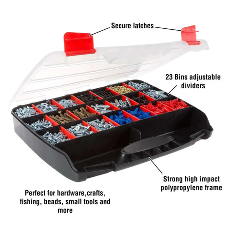 23 Compartment Small Parts Organizer Box With Removable Dividers And Secure Latches For Nuts Bolts Screws Beads Jewelry Tackle And More Grab And Go Portable Plastic Storage Case open showing compartments filled with hardware in a polypropylene frame.