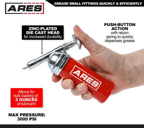 ARES 3-Ounce push-type mini grease gun with needle nozzle, red handle, zinc-plated die-cast head, 3000 PSI