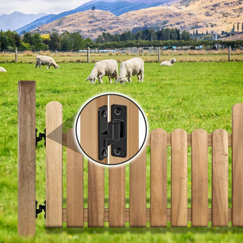 Heavy Duty Gate Hinges 2-Pack Steel Hinges With Electroplated Coating shown on wooden farm gate with sheep in background