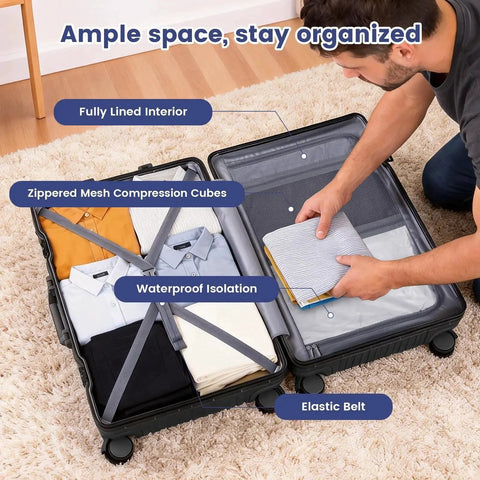 Open 20 Inch Carry On Luggage With Aluminum Frame Zipperless Hard Shell And Spinner Wheels with organized interior compartments, clothing packed inside.