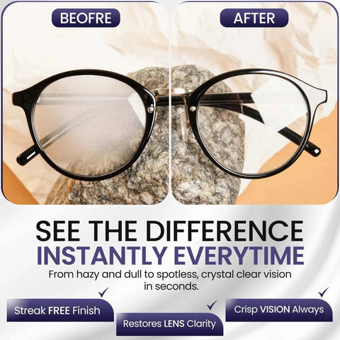 Before and after use of Gel Eyeglass Lens Cleaner Spray Kit with 2x 8oz bottles and 2 microfiber cloths, showing lens clarity improvement.