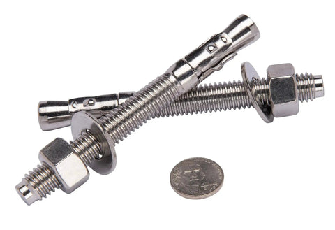 Bolt Dropper 1/2 Inch By 4-1/2 Inch Wedge Anchor 5 Piece Set with washers and nuts for concrete and marine use, shown with coin for scale.