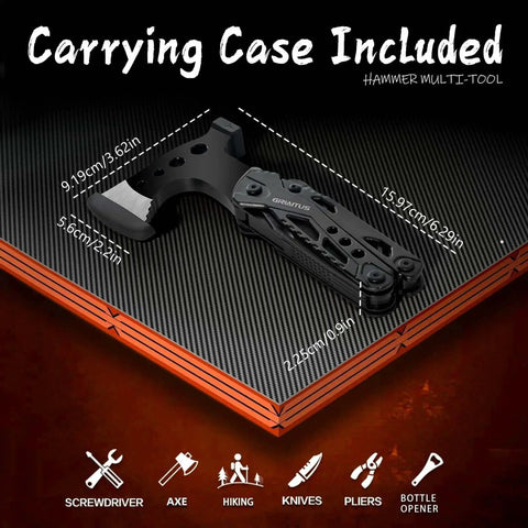 16 In 1 Camping Multitool With Axe Hammer Pliers Saw Knife Wire Cutter And Screwdrivers, dimensions on black and orange background