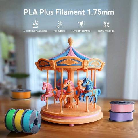 3D printed colorful carousel using PLA Plus Filament 1.75mm Black 1kg Spool for Stronger Prints and Layer Adhesion.