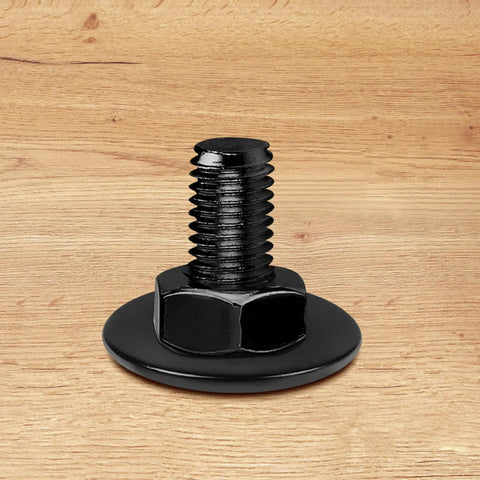 Stainless flat washer with bolt and nut, black finish, on wood surface