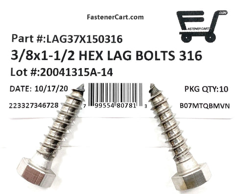 Beefy 316 Stainless Steel Hex Head Lag Bolts Marine Grade Lag Screws For Outdoor Decks Boats And Heavy Duty Marine Projects, 3/8 In By 1-1/2 In, 10 Piece Set In Resealable Bags