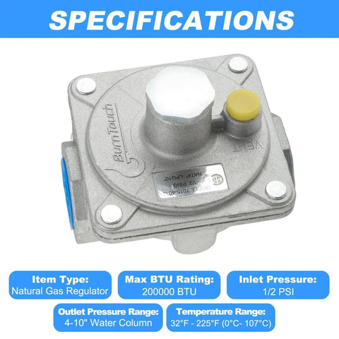 Adjustable Three Quarter Inch Natural Gas Pressure Regulator with specifications for NG and LPG stoves, half PSI, safe operation