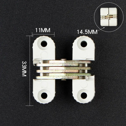 Six Pack 0 to 180 Degree Cross Hinge Kit With Plastic Folding Barrel Hidden Concealed Door Hinges for Furniture and Tables, Invisible Mounting Hinge Fittings for Quick Hidden Installations, product dimension details visible