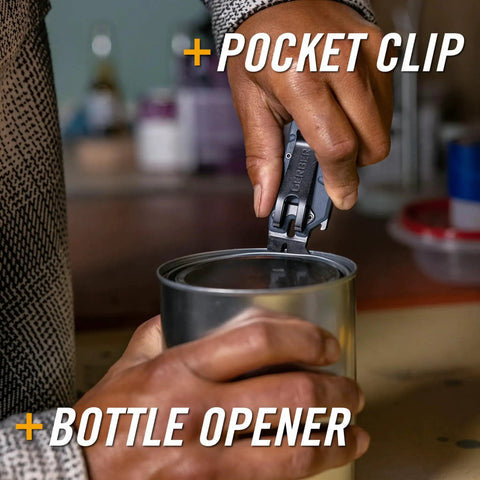 Person using Prybrid 8 In 1 Multi Tool Knife With Wire Stripper Bottle Opener Pocket Clip to open a metal can.