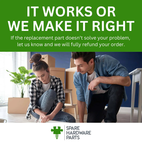 People assembling furniture with Spare Hardware Parts slogan "It Works or We Make It Right" in green banner above.