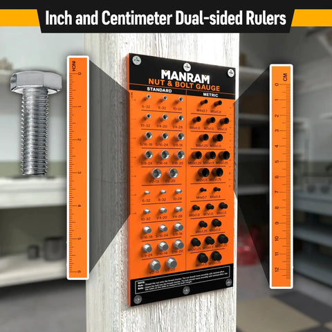 All Metal Wall Mount Nut And Bolt Thread Checker Gauge For Standard And Metric Sizes Installed on Wall in Workshop