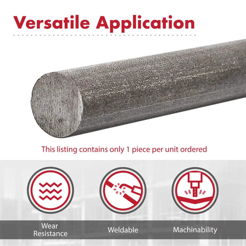 Cold Rolled AISI 1018 Carbon Steel Round Bar 0.375 Inch Diameter, 36 Inch Cut Length, shown with weldable and machinable icons