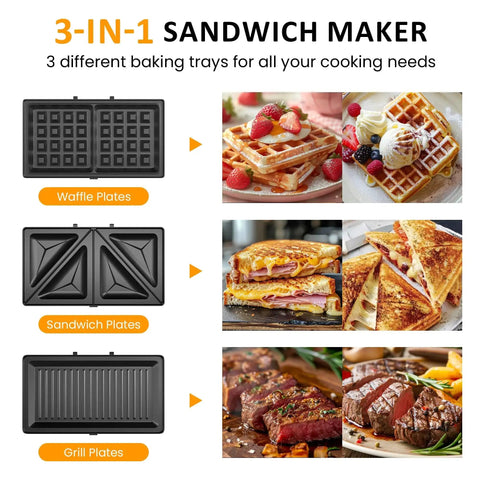 3 In 1 Waffle, Grill And Sandwich Maker With Removable Nonstick Plates, showing waffle, sandwich, and grill plates with cooked foods
