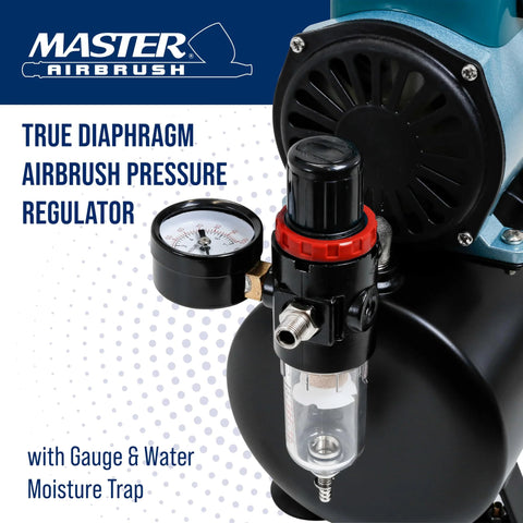 Master Airbrush true diaphragm air regulator with gauge and water trap on compact air compressor, front view