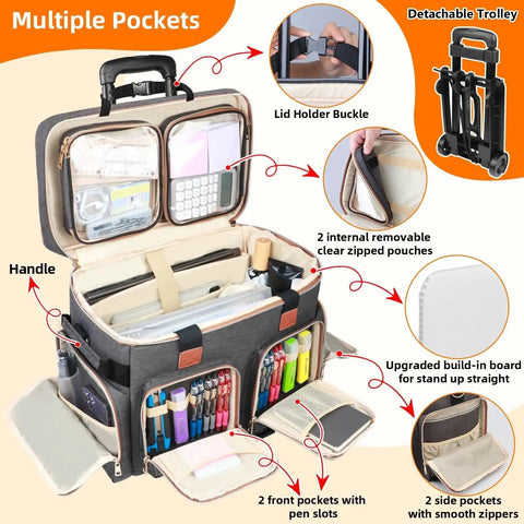 Interior view of Detachable Trolley Rolling Teacher Tote Bag With Padded Laptop Compartment, open with organized pockets and supplies visible.