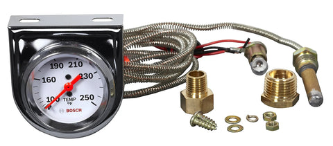 Bosch 2-inch mechanical water/oil temperature gauge with white dial face and chrome bezel, plus braided stainless line and brass fittings.