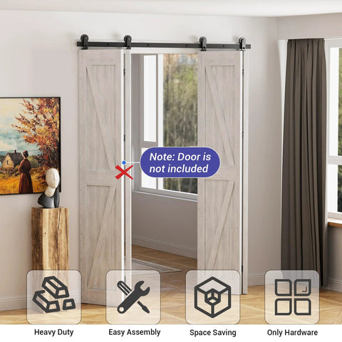 Bi Folding Sliding Barn Door Hardware Kit For Four Doors With Top Mount Track In Black Finish shown in a home setting without doors.