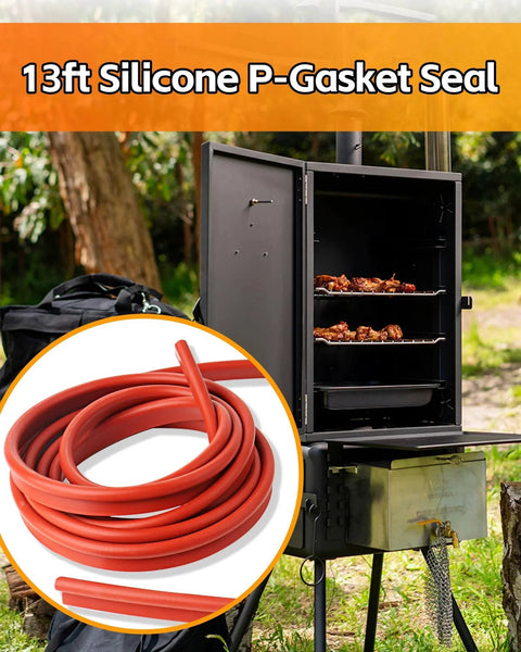 Pro Grade 13-Foot Silicone P-Gasket Seal for Smokers and BBQ Doors shown with BBQ smoker, durable and high-temp replacement.