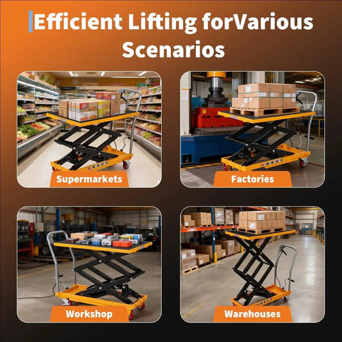 Durable Hydraulic Lift Table Cart 770 Lb Capacity 50.7 Inch Lift With Wheels used in various settings like factories and warehouses.