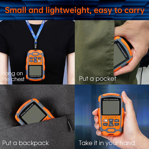 Duogalia fiber optic tester, orange and gray optical power meter; handheld; four views (neck, pocket, backpack, hand).