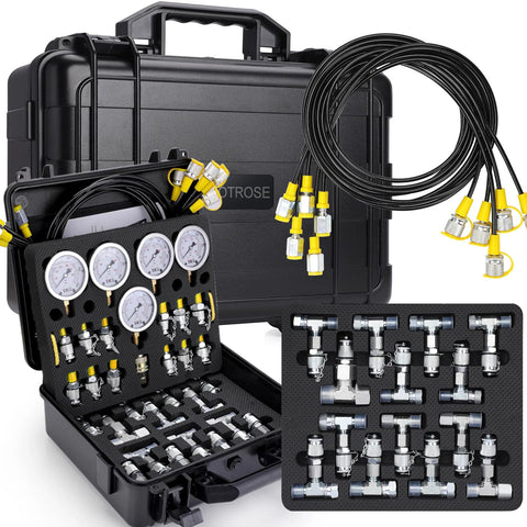 HOTROSE hydraulic pressure test kit in a black hard case with 5 gauges, yellow-capped connectors and coiled hoses