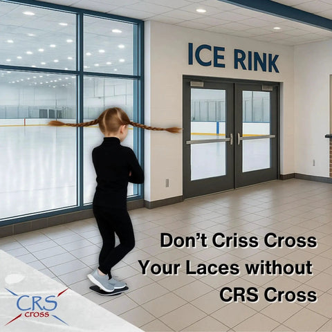 Child in ice rink lobby with CRS Cross logo and slogan, "Don't Criss Cross Your Laces without CRS Cross."