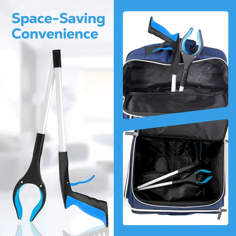 Extra Long 32 Inch Foldable Reacher Tool With 360 Degree Rotating Jaw for easy grab and go pickup shown folded in blue bag
