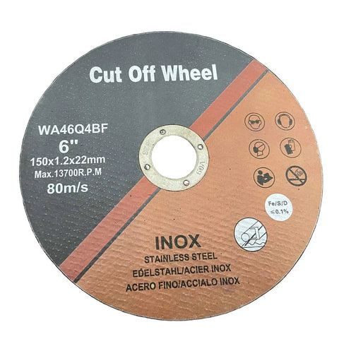 6 inch cut off wheel for angle grinders, suitable for metal and stainless steel, marked with specifications and safety icons.