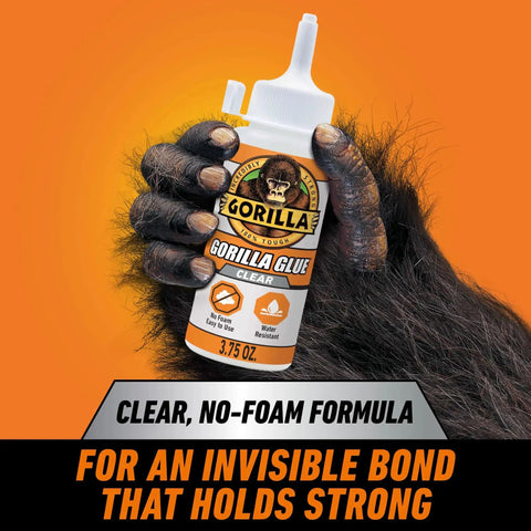 Crystal Clear All Purpose Glue For Wood Stone Metal Ceramic Water Resistant bottle held in hand, clear label, 3.75 oz size